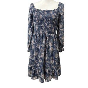 Blue & White Floral Print Bohemian Smocked Square Neck Long Sleeve Midi Dress 1X